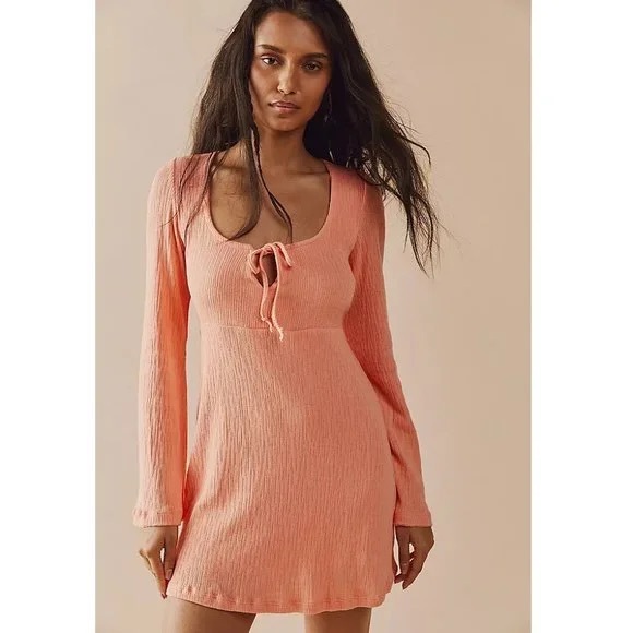 NWOT FREE PEOPLE - Brynne Flared Long Bell Sleeve Open Back Mini Dress - Picture 1 of 9